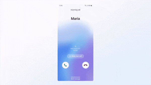 Tela de chamada recebida da Samsung com o nome Maria, opções de atender, recusar e a opção Bixby text call em destaque
