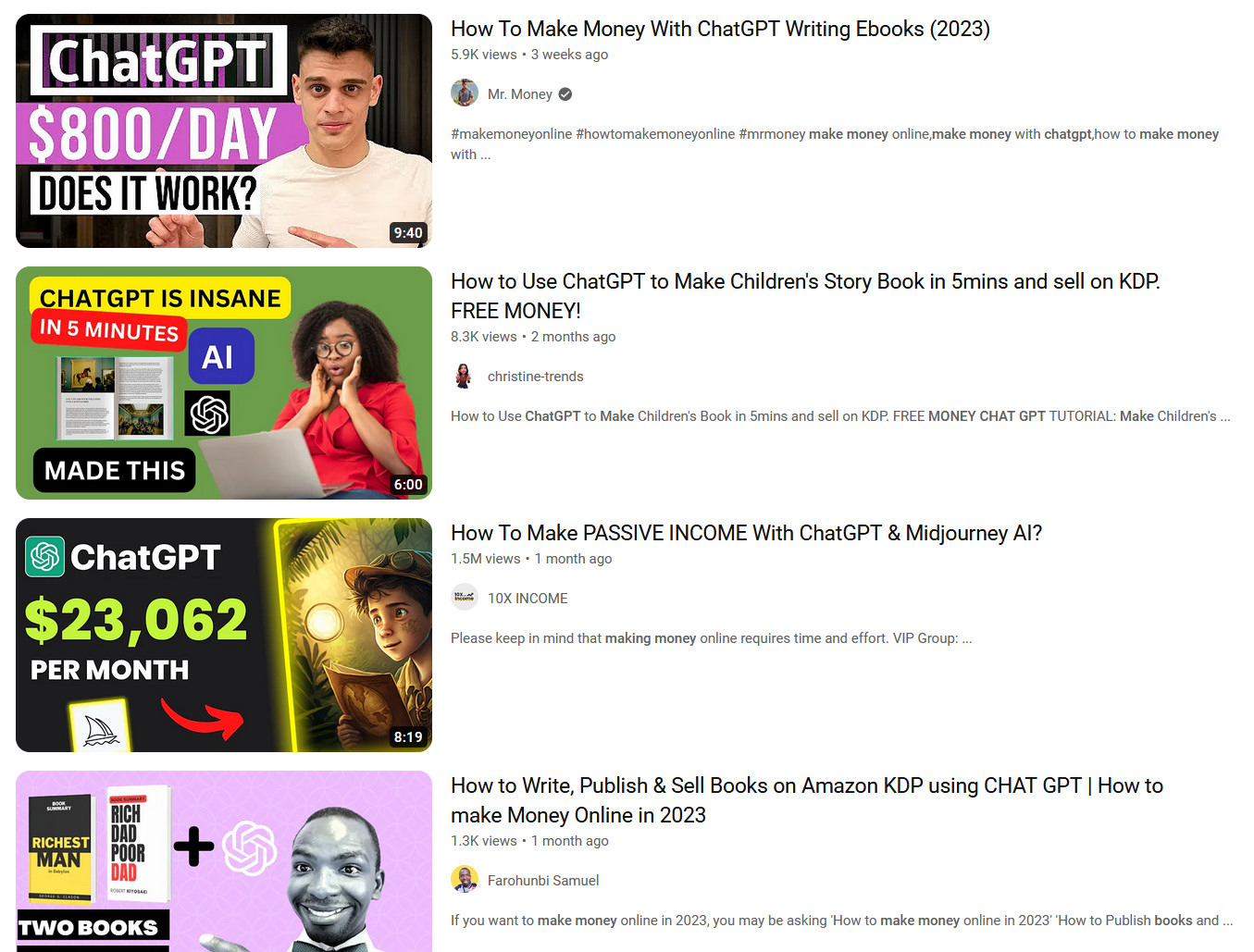 Quatro miniaturas de vídeos do YouTube com títulos sobre ganhar dinheiro vendendo livros escritos com ChatGPT na Amazon KDP, com textos de destaque como "0/…