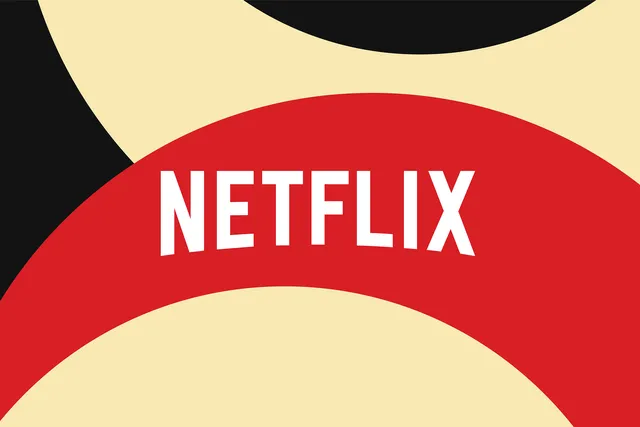 Logotipo da Netflix em letras brancas sobre faixa vermelha, com formas circulares em preto e bege ao fundo