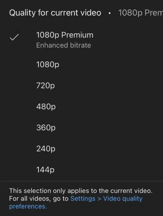 Menu de qualidade do YouTube mostrando a opção 1080p Premium com bitrate aprimorado selecionada, além de 1080p, 720p, 480p, 360p, 240p e 144p