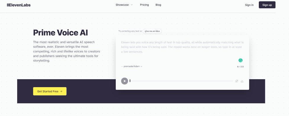 Captura de página do site ElevenLabs com a ferramenta Prime Voice AI, mostrando campo de texto para gerar fala sintética e botão Get Started Free