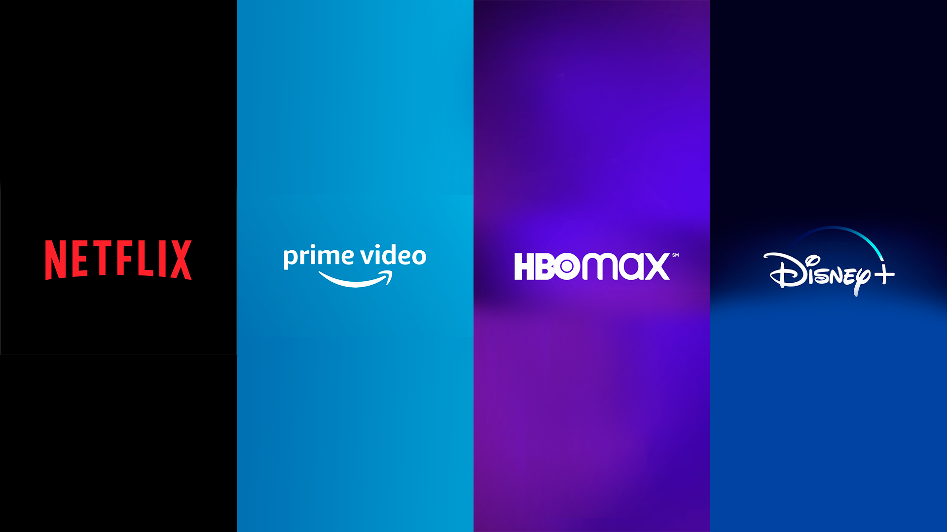 Logos de Netflix, Prime Video, HBO Max e Disney+ em faixas verticais coloridas, lado a lado
