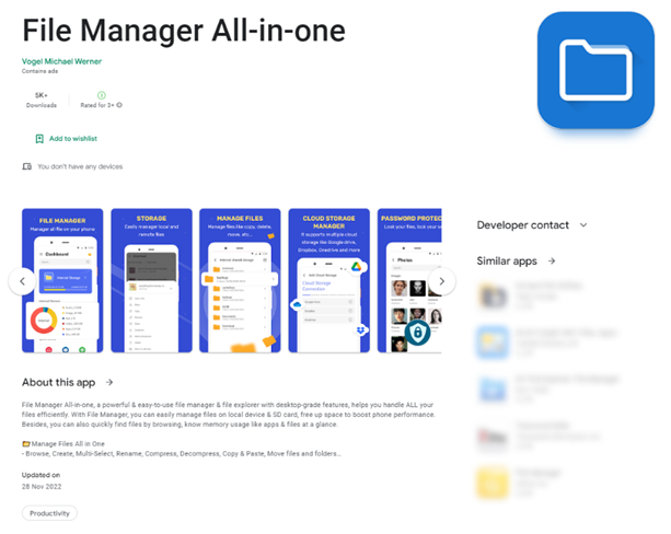 Captura da página do Google Play do app File Manager All-in-one, com cinco telas do aplicativo, ícone de pasta azul e a descrição do app