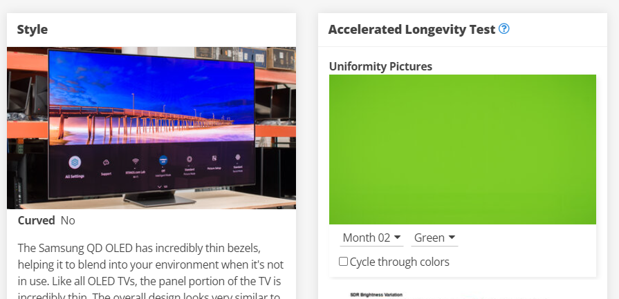Captura de tela de avaliação mostrando uma TV Samsung QD OLED com borda fina exibindo ponte ao pôr do sol, ao lado de um teste de uniformidade com tela verde