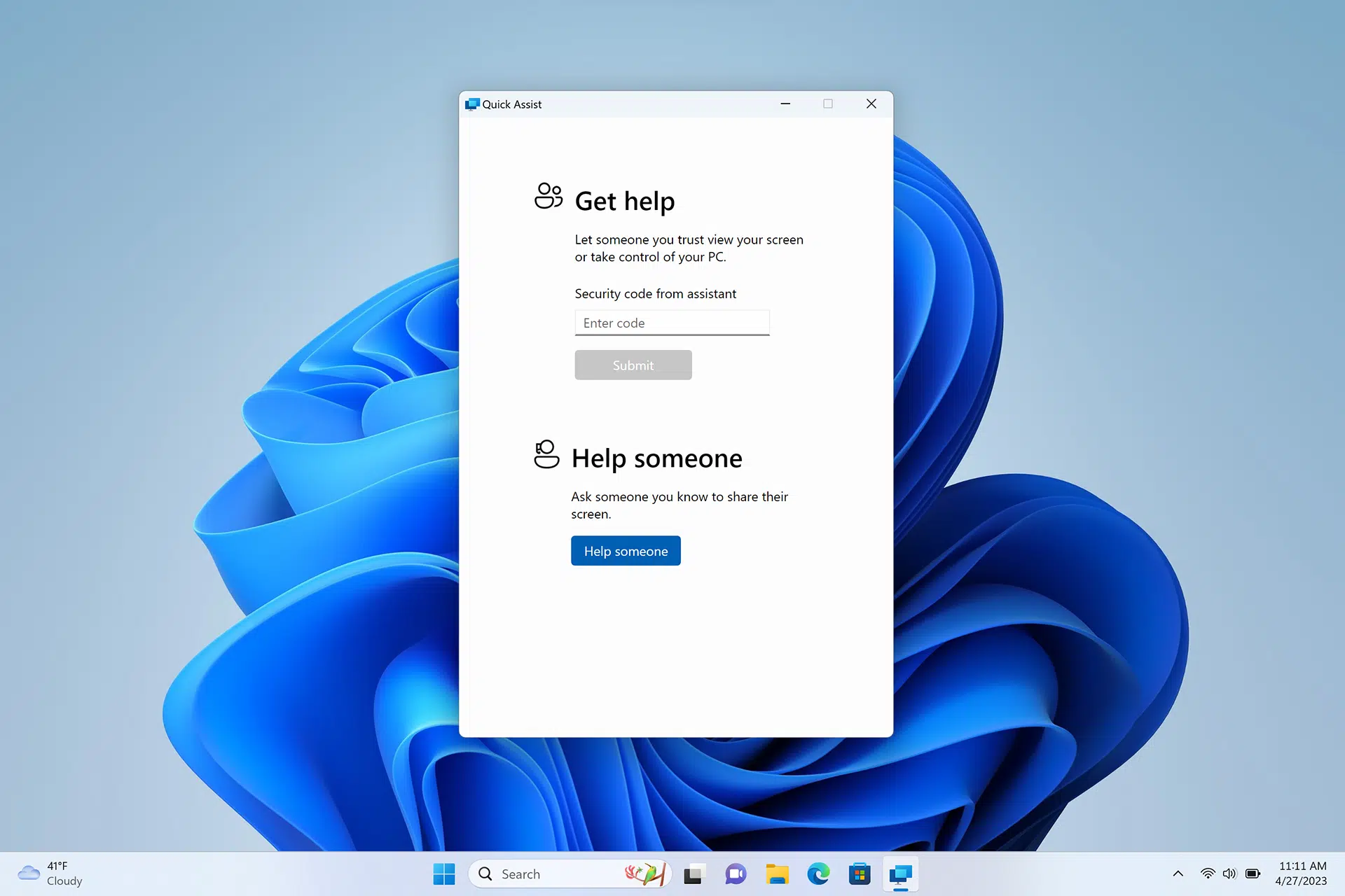 Captura de tela do app Quick Assist no Windows 11, com as opções "Get help" (código de segurança do assistente) e "Help someone" sobre o papel de parede azul