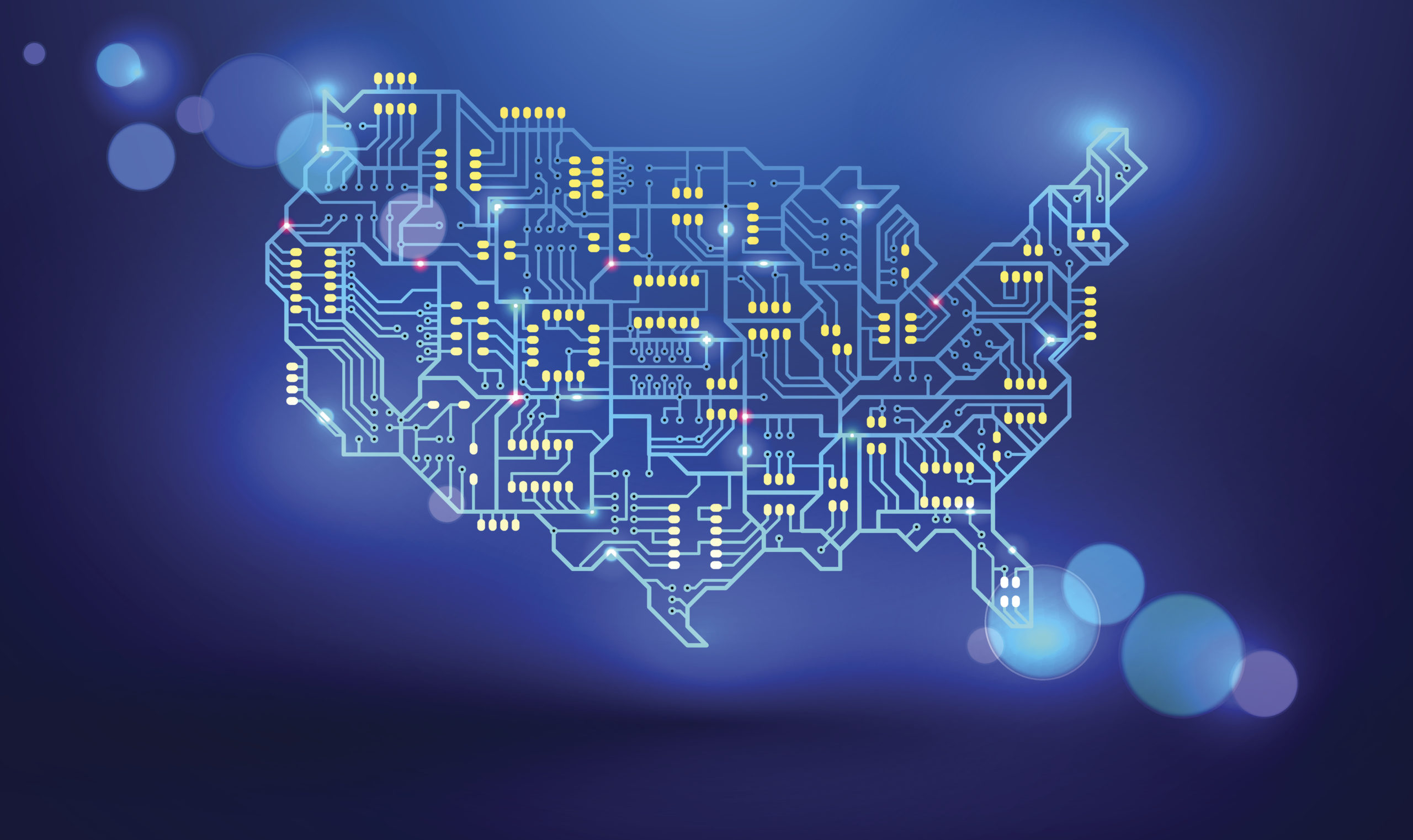 Mapa dos Estados Unidos formado por um circuito eletrônico azul brilhante com trilhas e pontos amarelos sobre fundo azul escuro