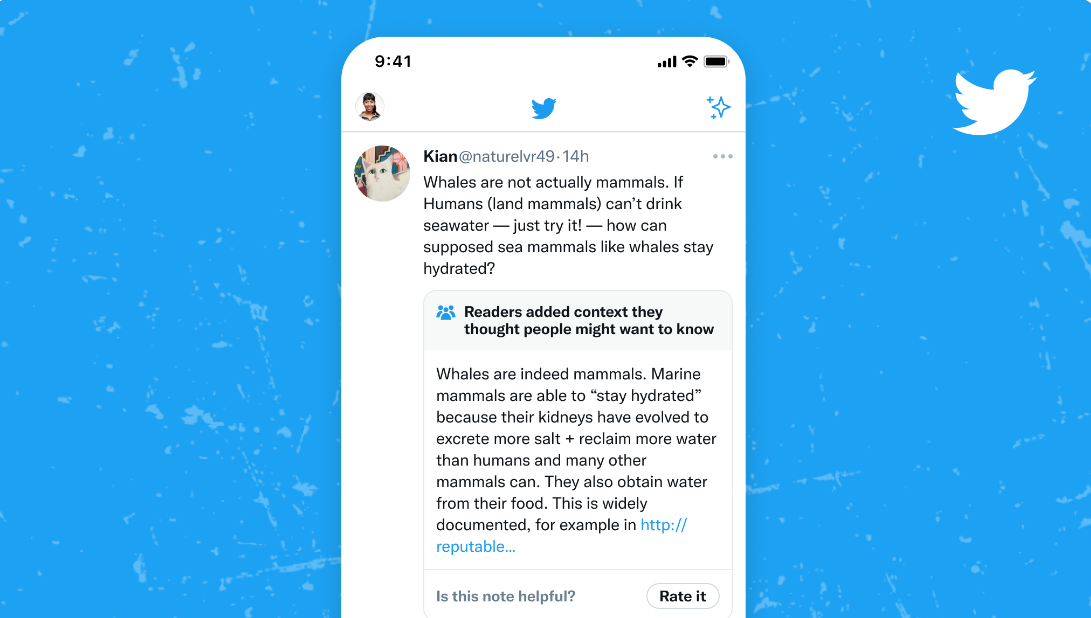 Captura de tela de post no Twitter com nota da comunidade que corrige a afirmação de que baleias não são mamíferos, citando a documentação sobre como mamíferos…