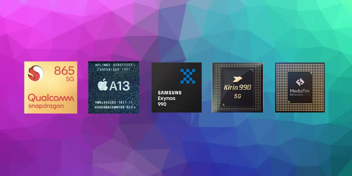 Cinco processadores lado a lado sobre fundo degradê: Qualcomm Snapdragon 865 5G, Apple A13, Samsung Exynos 990, Kirin 990 5G e MediaTek Dimensity