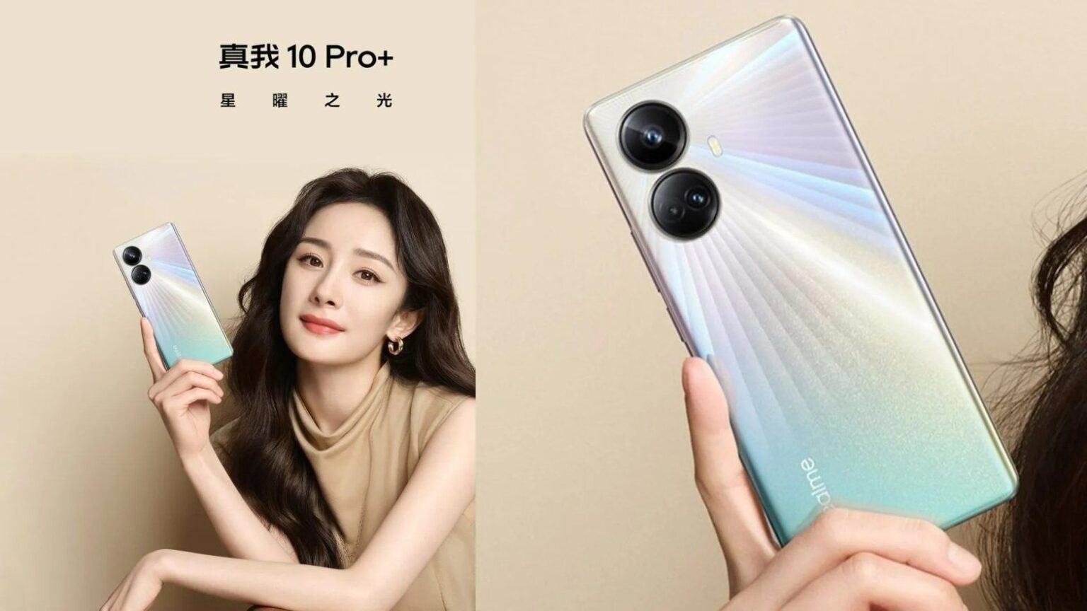 Smartphone Realme 10 Pro+ com traseira prateada iridescente, mostrado em mãos de modelo e em destaque ao lado, com câmeras circulares