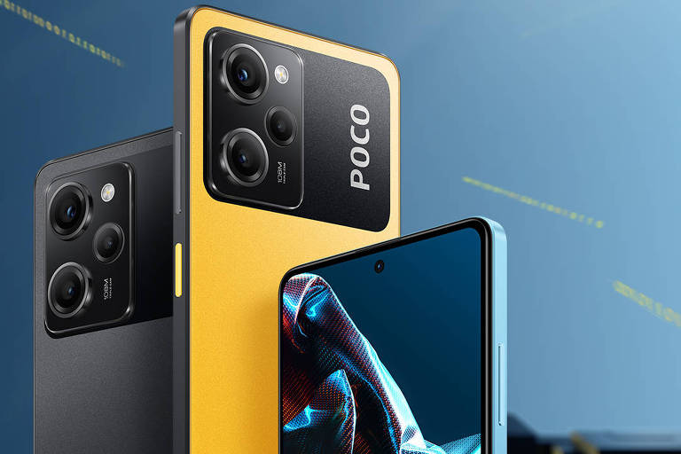 Smartphones POCO X5 nas cores preta e amarela, mostrando a traseira com módulo de câmeras e a tela com imagem colorida