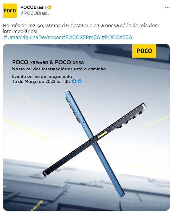 Divulgação dos smartphones POCO X5 Pro 5G e POCO X5 5G, com dois aparelhos azuis cruzados em X e o texto do evento de lançamento em 15 de março de 2023