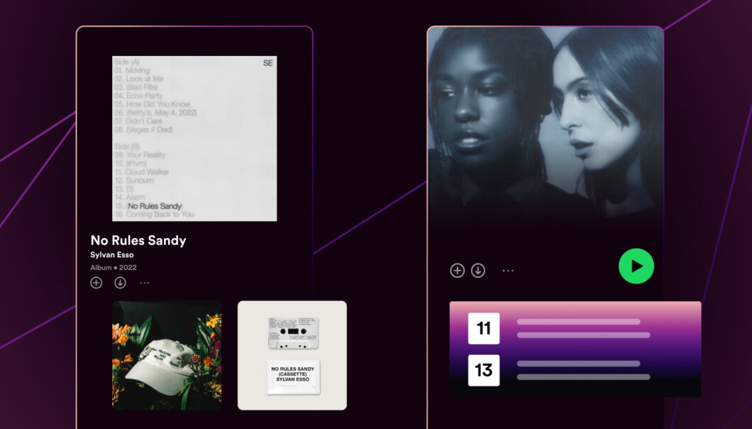 Captura de tela do Spotify mostrando o álbum "No Rules Sandy" de Sylvan Esso, com lista de faixas, capa de cassete e um card de artista com botão de play
