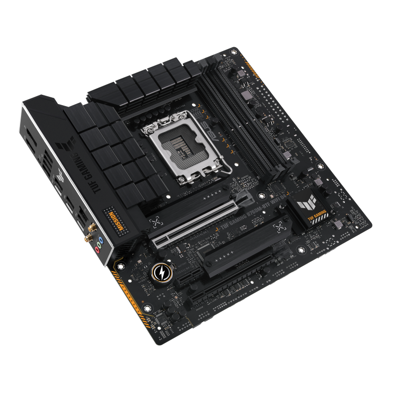 Placa-mãe ASUS TUF Gaming B760M-PLUS WIFI D4 com dissipadores pretos, slot de processador LGA e conectores traseiros