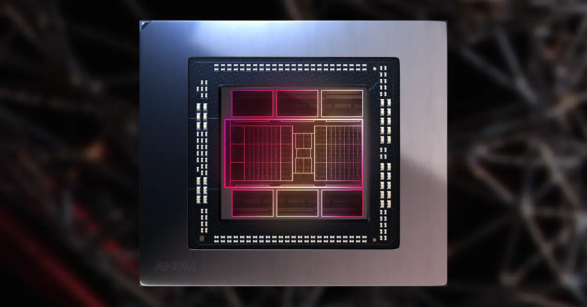 Chip gráfico AMD RDNA 3 em encapsulamento metálico com die exposto em destaque, iluminado em tons de vermelho e laranja sobre fundo escuro