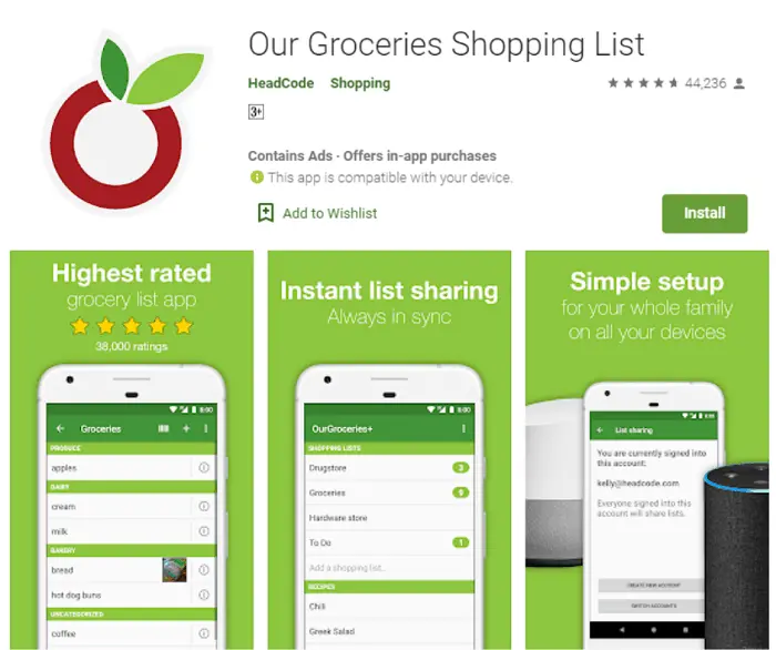 Página da Google Play do app Our Groceries Shopping List mostrando as três capturas de tela do aplicativo de lista de compras, com a versão de celular e a inte…