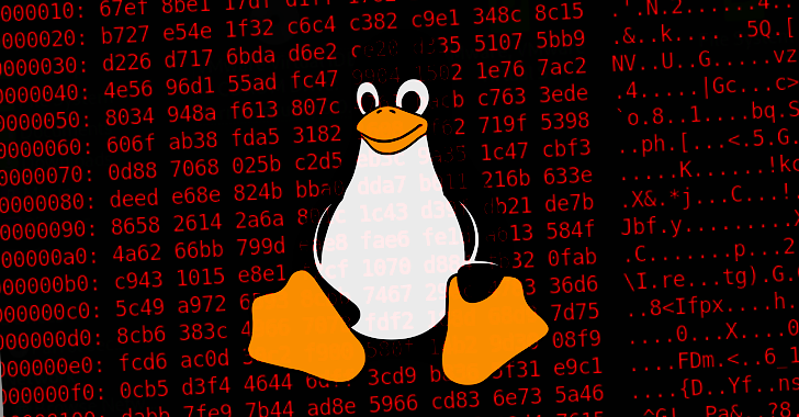 Mascote Tux, do Linux, sentado sobre um fundo vermelho com linhas de código hexadecimal, ilustrando a ameaça de ransomware IceFire a sistemas Linux