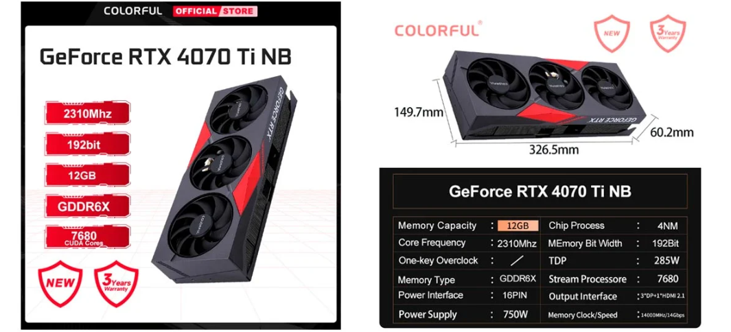 Placa de vídeo Colorful GeForce RTX 4070 Ti NB, com ficha técnica de 12GB GDDR6X, 2310MHz e 192bit, e medidas de 326,5mm por 149,7mm