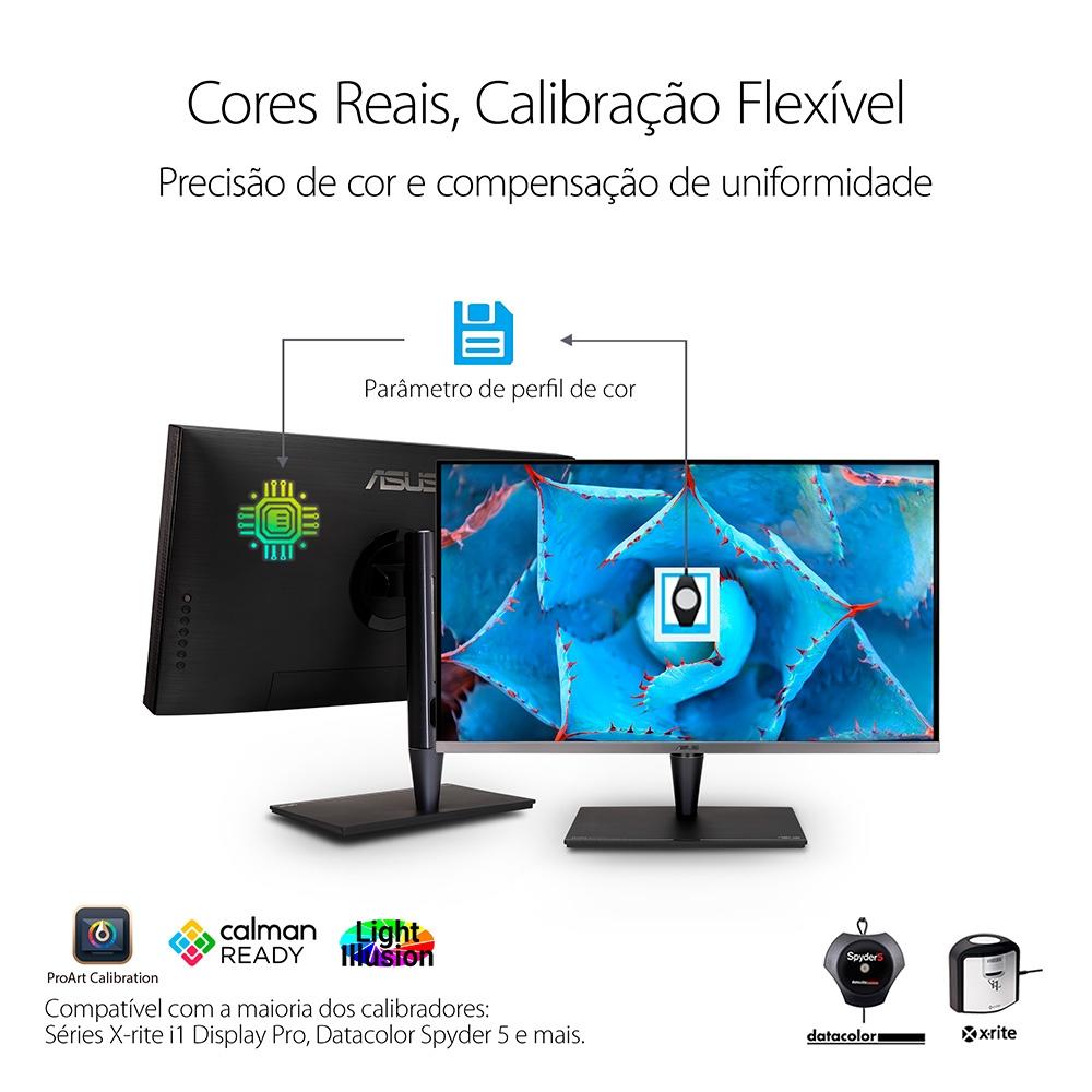 Monitor ASUS ProArt com tela azul-turquesa e calibradores X-Rite e Datacolor Spyder ao lado, destacando a calibração de cores