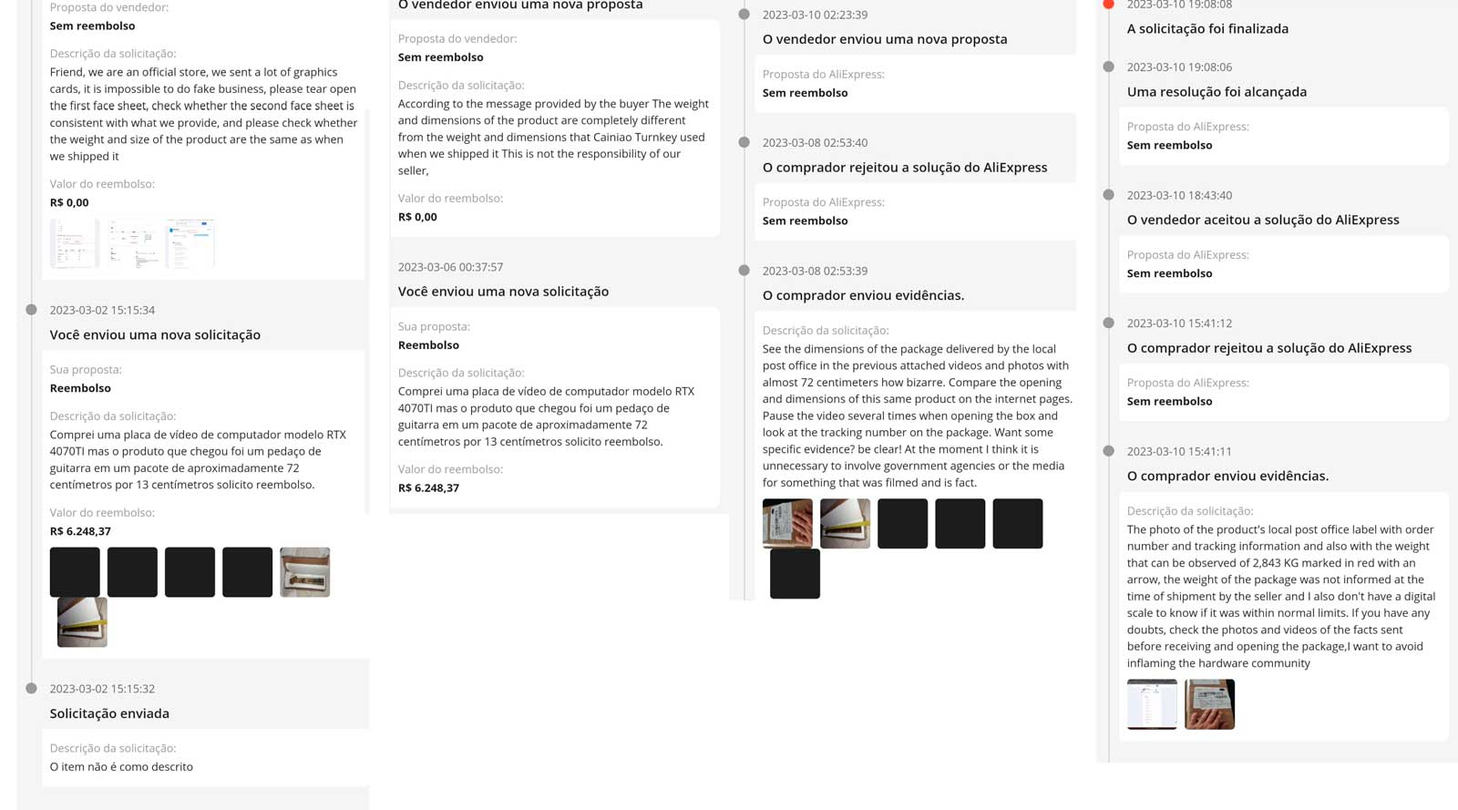 Captura de disputa do AliExpress mostrando o histórico de solicitações de reembolso sobre uma placa de vídeo RTX 4070 Ti que chegou com um pedaço de guitarra