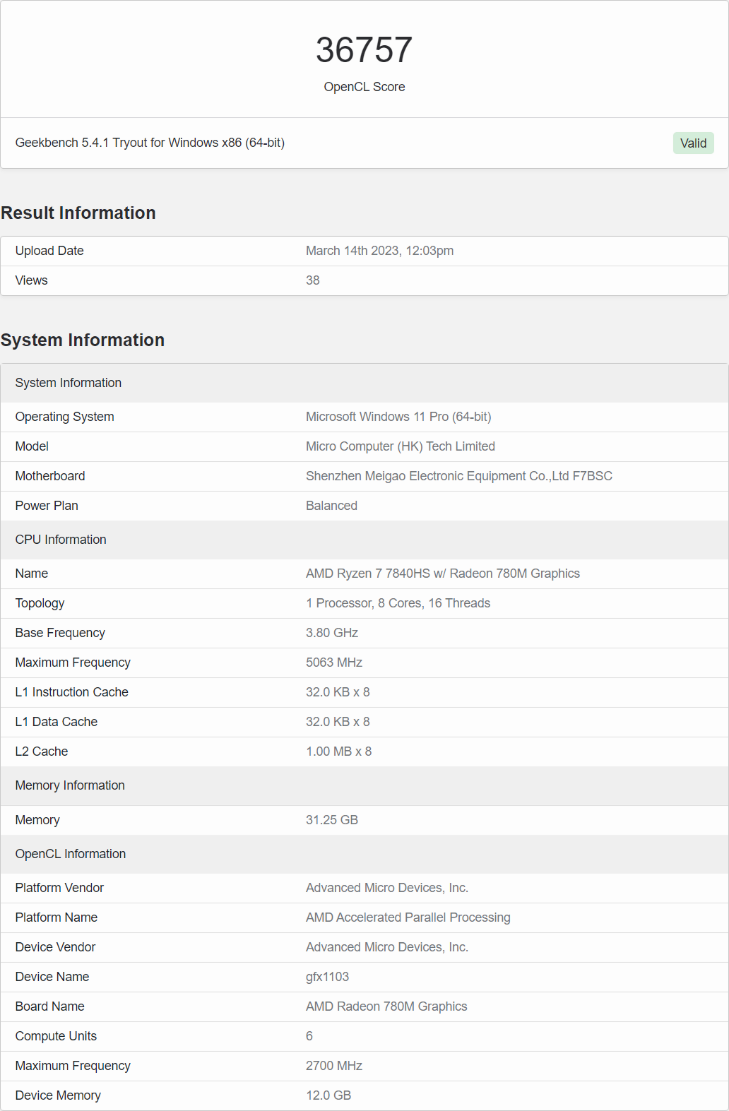Captura de resultado do Geekbench 5 mostrando pontuação OpenCL de 36757 para a GPU integrada AMD Radeon 780M com CPU Ryzen 7 7840HS