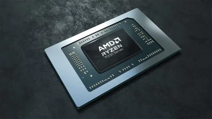 Processador AMD Ryzen 7000 Series para notebook, encapsulado em placa metálica sobre superfície escura