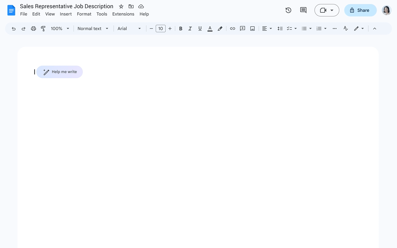 Tela do Google Docs com documento vazio intitulado "Sales Representative Job Description" e o botão "Help me write" destacado para criar texto com inteligência…