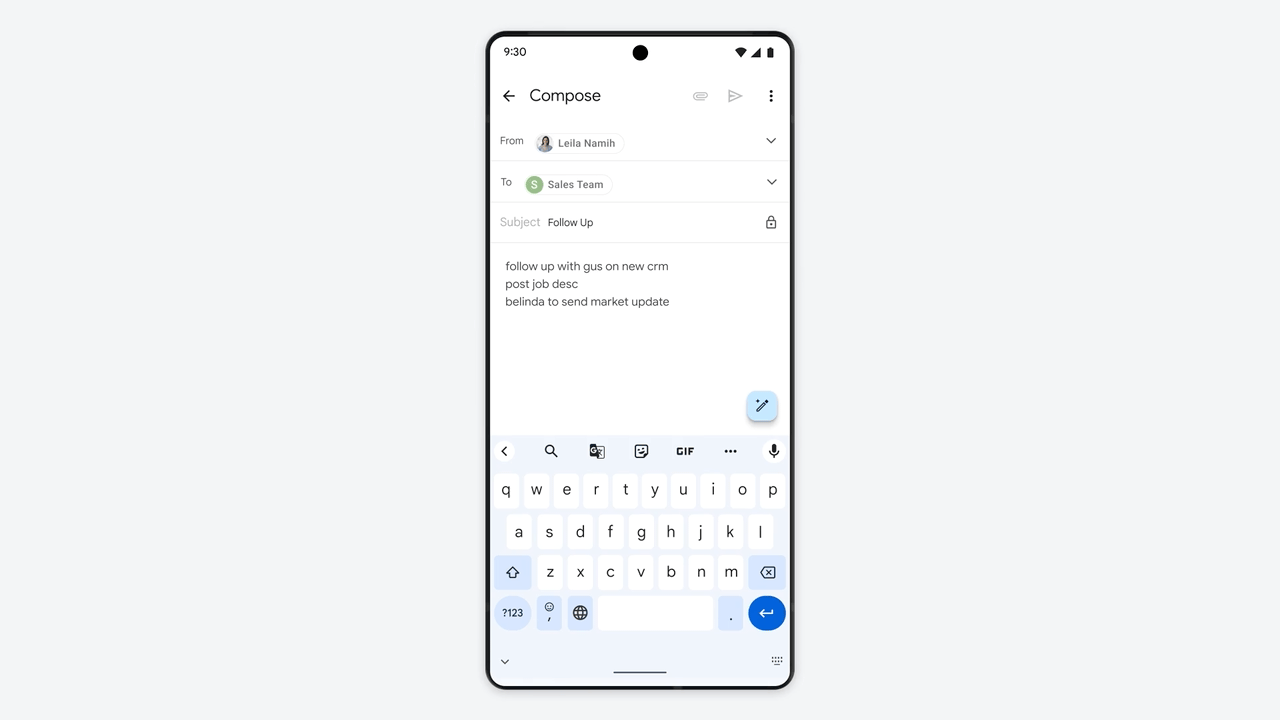 Captura de smartphone mostrando o app Gmail na tela de composição de e-mail, com assunto "Follow Up", destinatário "Sales Team" e um rascunho em texto simples…