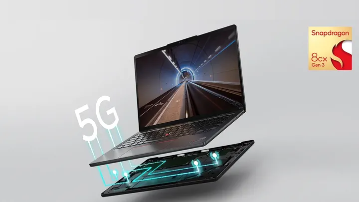 Notebook Lenovo ThinkPad X13s em vista aberta e em camadas, com ícones de conectividade 5G e selo do processador Snapdragon 8cx Gen 3