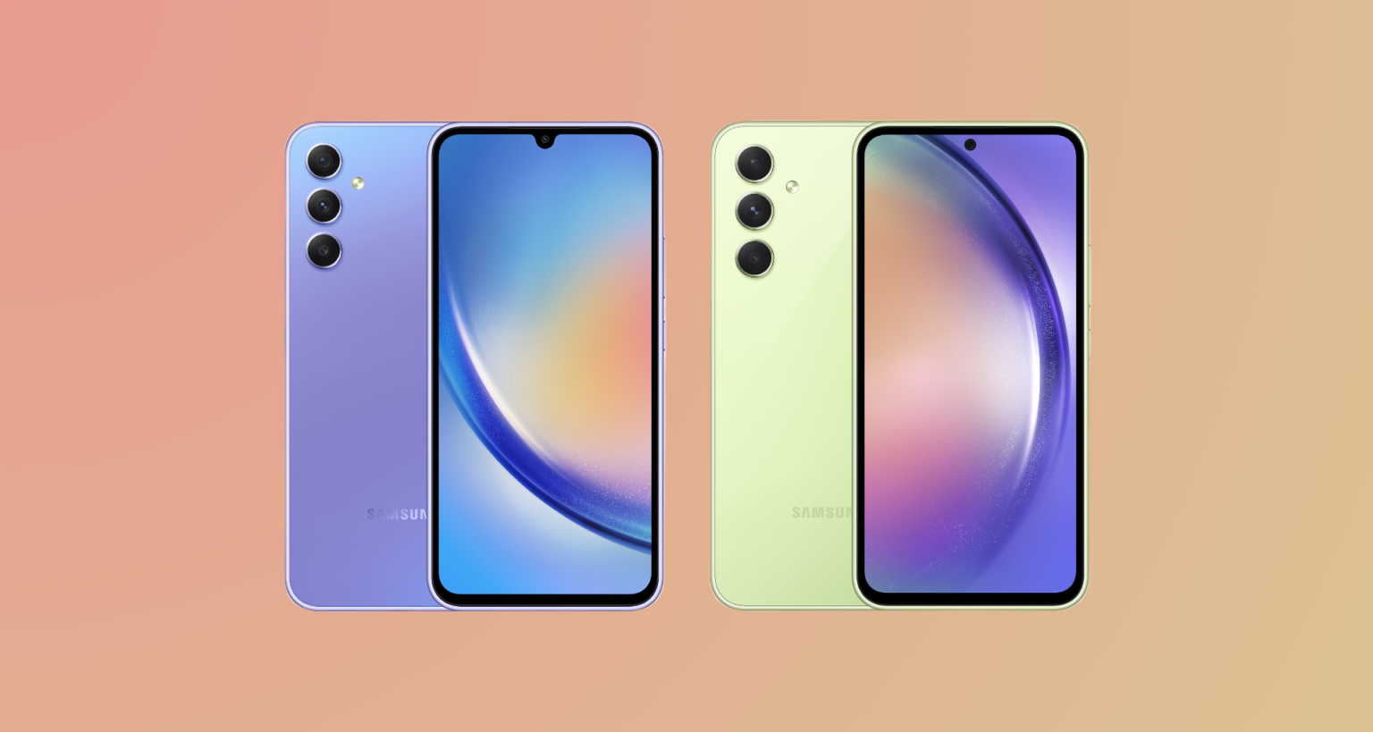 Dois smartphones Samsung Galaxy lado a lado, um na cor lilás e outro verde-limão, mostrando traseira e tela frontal sobre fundo degradê em tons de pêssego