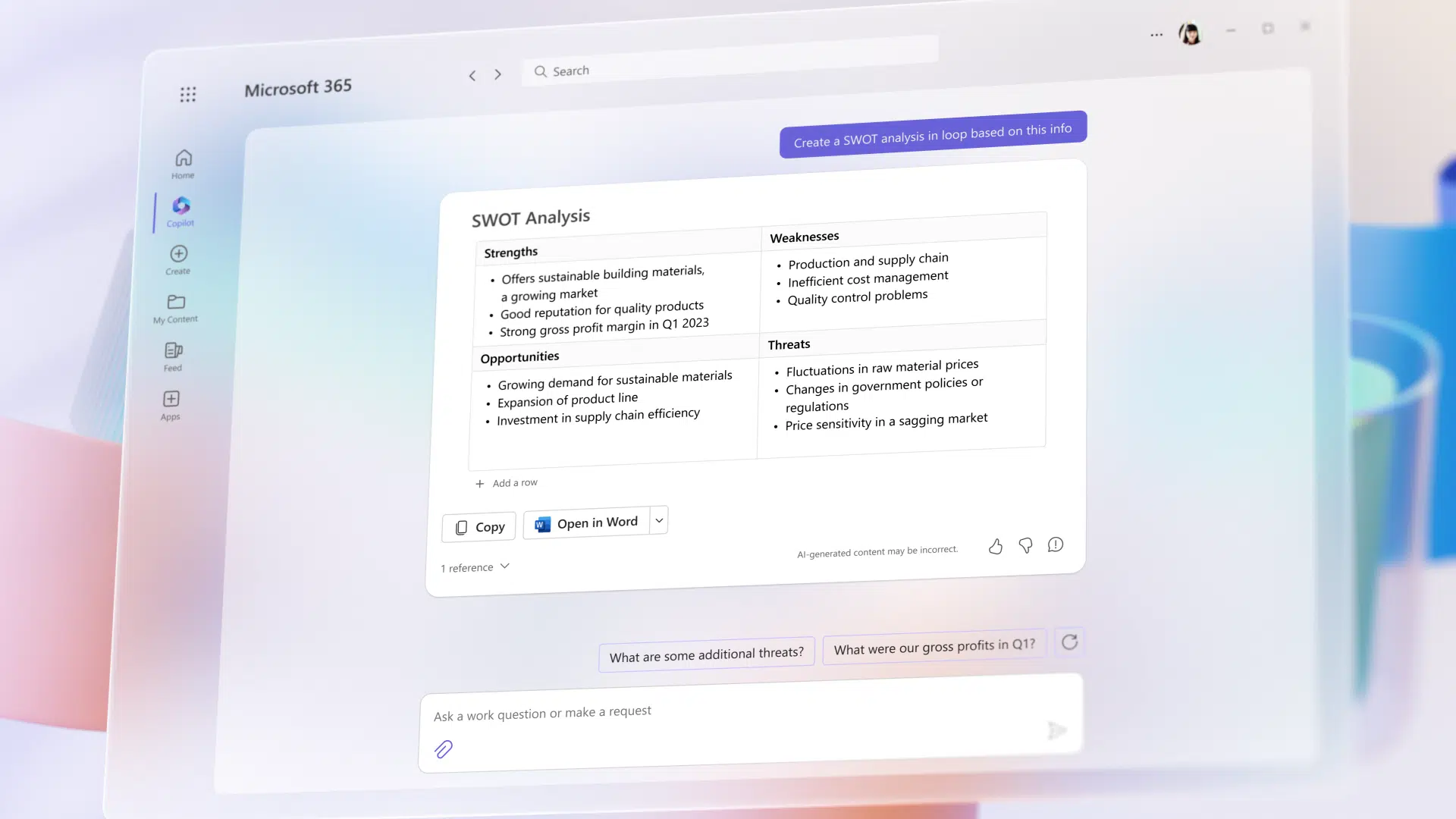 Interface do Microsoft 365 Copilot exibindo uma análise SWOT gerada por IA, com forças, fraquezas, oportunidades e ameaças listadas, e botões para copiar ou ab…