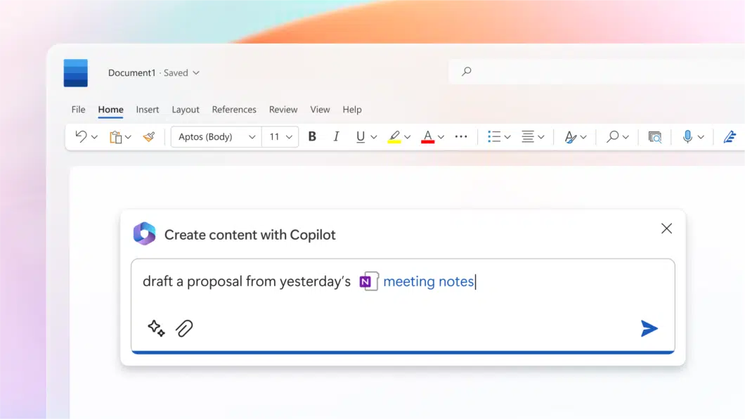 Captura de interface do Microsoft Word com o painel Copilot aberto, mostrando o pedido "draft a proposal from yesterday's meeting notes" em português: redigir…
