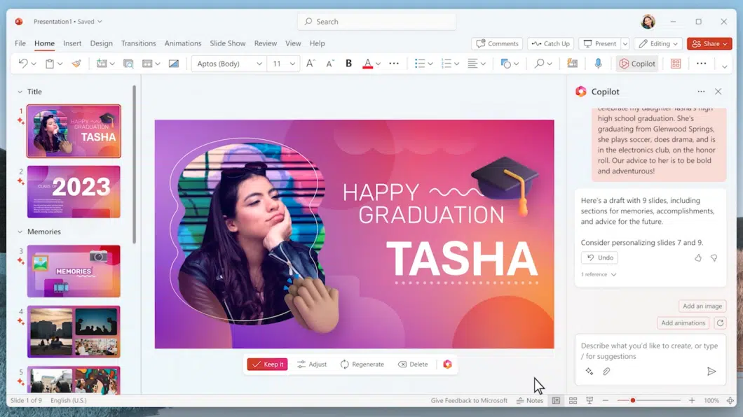 Captura de tela do PowerPoint com o Copilot, mostrando um slide de formatatura com o texto "Happy Graduation Tasha", foto de uma aluna e sugestões de design ge…