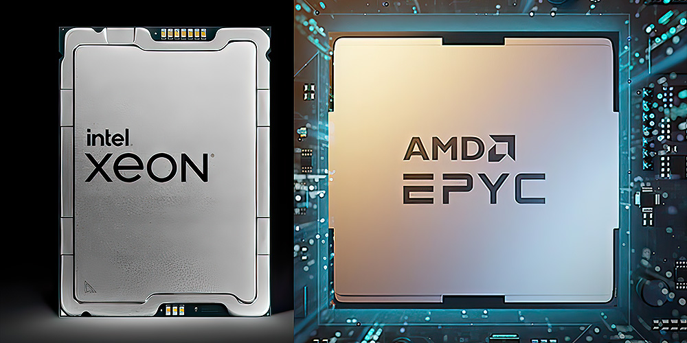Comparativo lado a lado de dois processadores para servidores: Intel Xeon à esquerda e AMD EPYC à direita, ambos com o nome da marca e do modelo visíveis