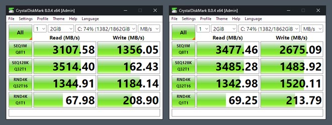 Duas janelas do CrystalDiskMark 8.0.4 comparando leitura e escrita de um SSD em 2 GiB, com resultados de sequencial e aleatório antes e depois da atualização