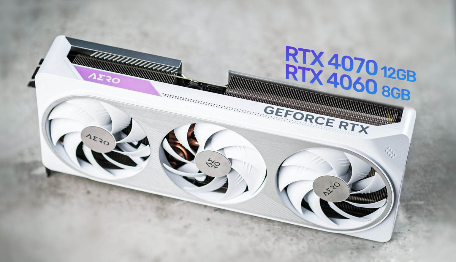 Placa de vídeo Gigabyte AORUS branca GeForce RTX 4070 12GB e RTX 4060 8GB, com três ventoinhas e logo GEFORCE RTX