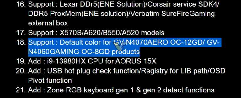 Lista de changelog de firmware com item destacado: suporte à cor padrão das placas GV-N4070AERO OC-12GD e GV-N4060GAMING OC-8GD
