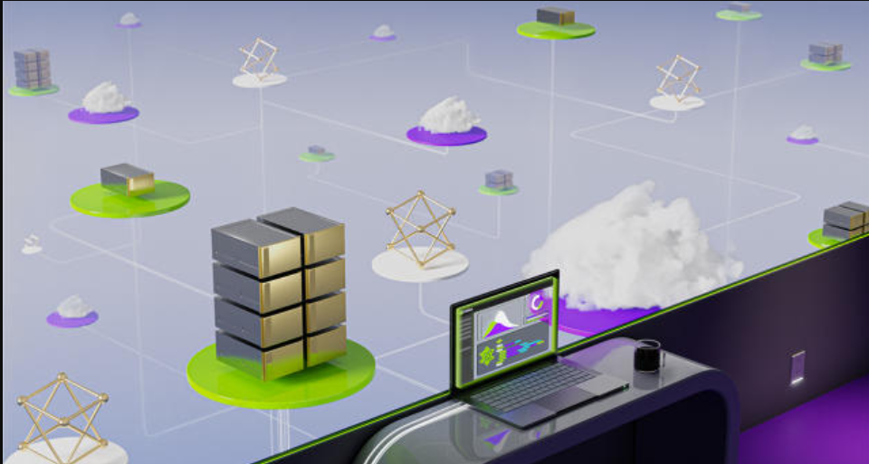 Ilustração 3D de data center com servidores, nuvens e um notebook exibindo gráficos sobre fundo roxo e verde, representando computação em nuvem e IA