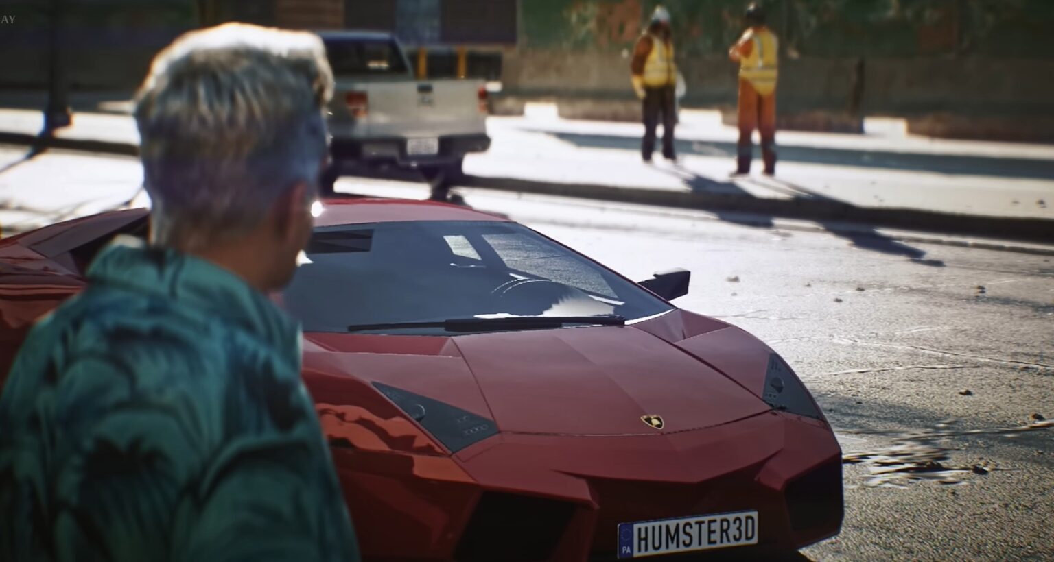 Personagem de costas observa um carro esportivo vermelho com placa HUMSTER3D em uma rua ensolarada, com dois trabalhadores de colete ao fundo