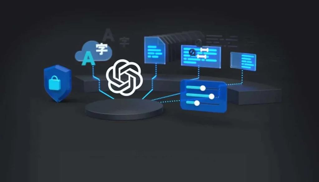 Logotipo da OpenAI no centro, cercado por ícones de segurança, tradução, documentos e controles deslizantes sobre fundo escuro, ilustrando IA