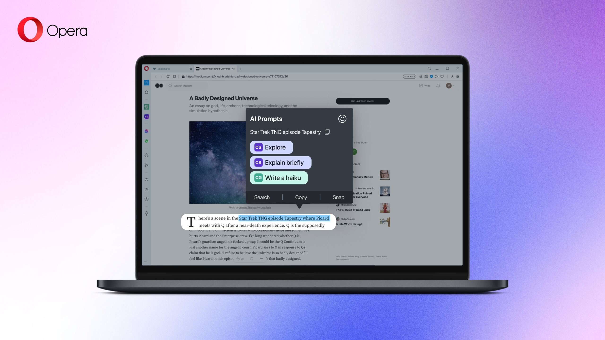 Notebook exibindo o navegador Opera com menu de prompts de IA sobre um texto selecionado, com opções Explore, Explain briefly e Write a haiku