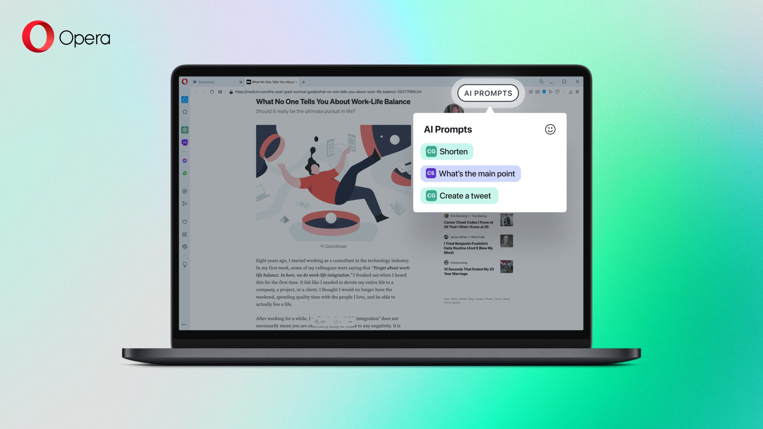 Notebook com o navegador Opera exibindo um artigo e um menu de "AI Prompts" com as opções Shorten, What's the main point e Create a tweet, com logo Opera no ca…