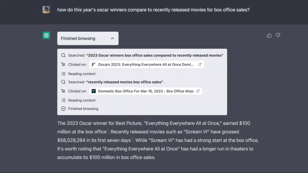 Captura de tela do ChatGPT com navegação na web mostrando buscas no Google sobre bilheteria dos vencedores do Oscar 2023 e a resposta gerada com base nas fonte…