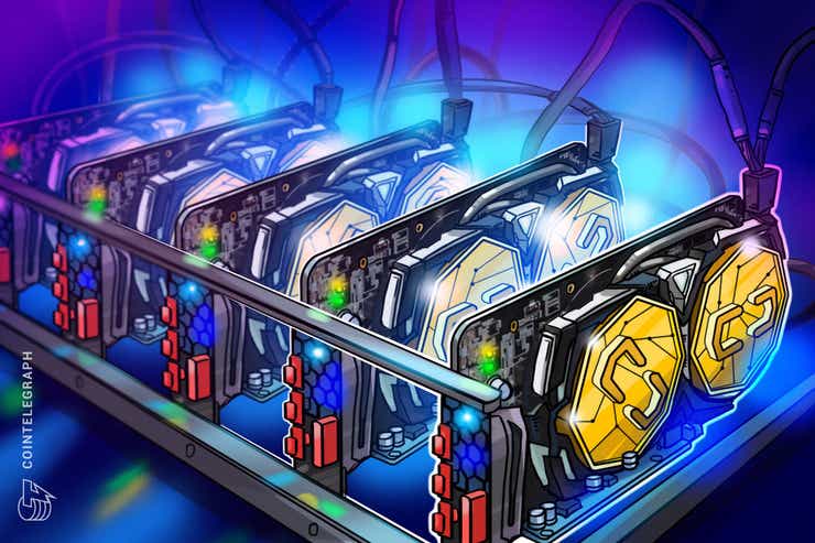 Ilustração de uma fileira de placas de vídeo em um rack de mineração, com moedas douradas com o símbolo de Bitcoin sobre os coolers e luzes azuis e vermelhas