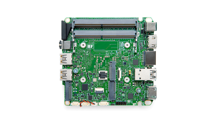 Placa-mãe verde do mini-PC Intel NUC 13 Pro, com slots de memória, portas USB, HDMI, Ethernet e conectores internos à mostra