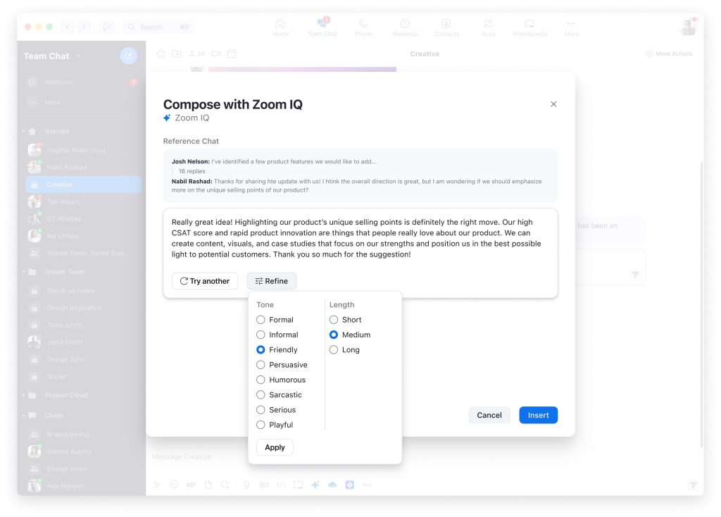 Captura de tela do Zoom IQ no Team Chat, mostrando a janela "Compose with Zoom IQ" com sugestão de resposta em português e opções de tom e tamanho Observação:…