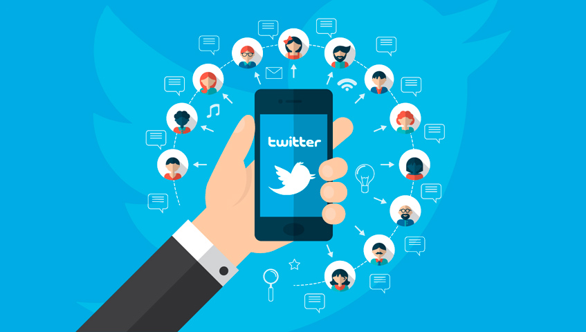 Ilustração de mão segurando celular com a logo do Twitter na tela, cercada por avatares de pessoas conectados por balões de mensagem e setas em fundo azul