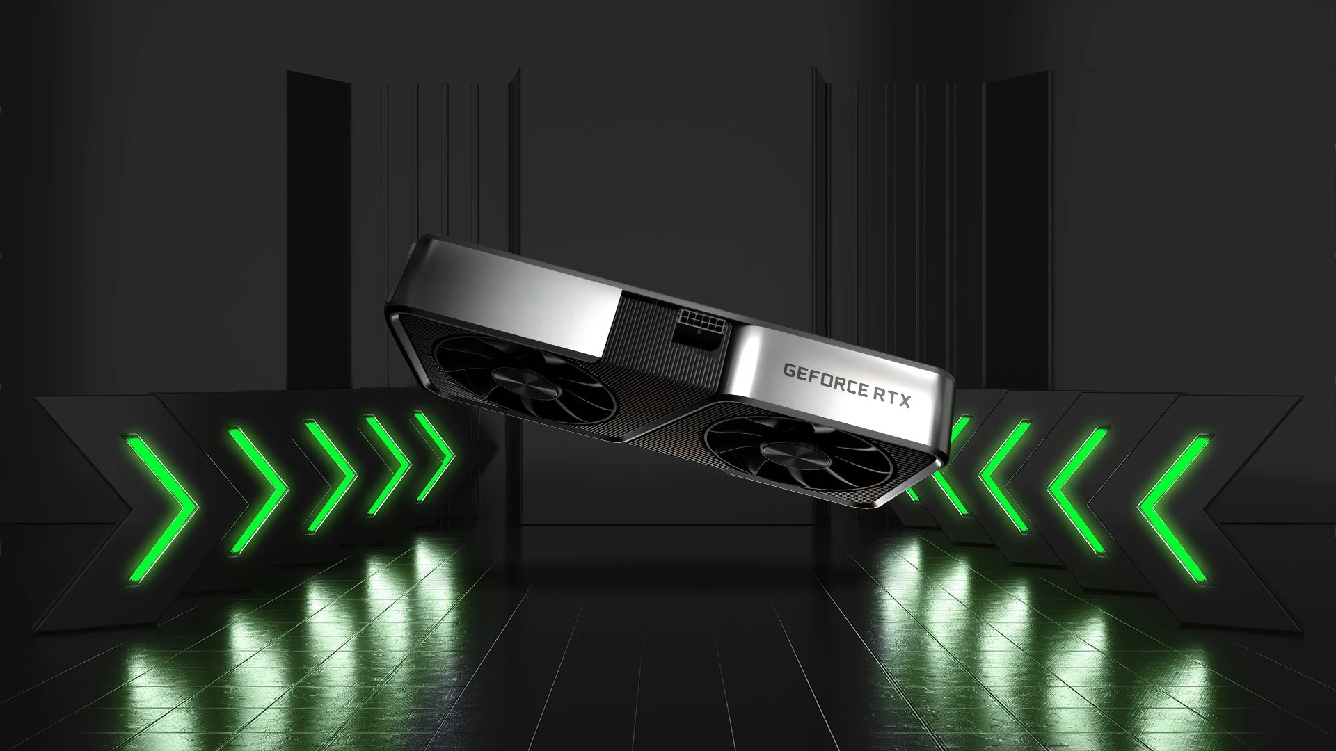Placa de vídeo NVIDIA GeForce RTX em destaque, suspensa sobre um fundo escuro com setas verdes luminosas