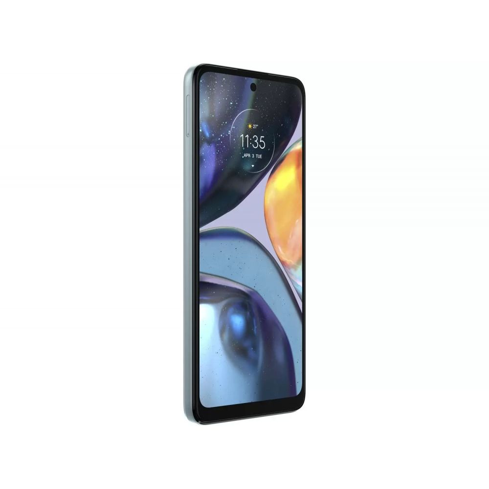 Smartphone Motorola Moto G22 em tela inclinada, com tela ligada exibindo relógio 11:35 e papel de parede colorido