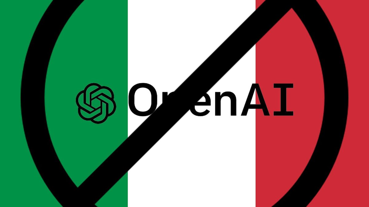 Logo da OpenAI sobre a bandeira da Itália com símbolo de proibido, indicando o bloqueio do ChatGPT no país