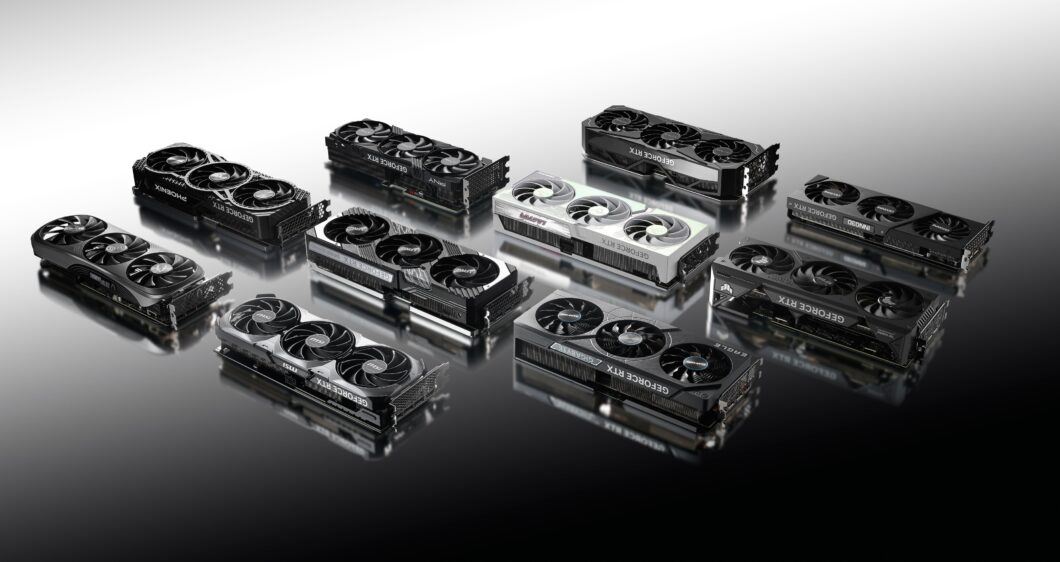 Diversas placas de vídeo GeForce RTX de diferentes fabricantes e modelos, dispostas lado a lado sobre uma superfície espelhada escura